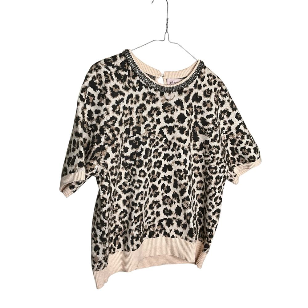 Philosophy Sweater Top Leopard Crystal Neck Short Sleeve Brown/Black Size XL NWT